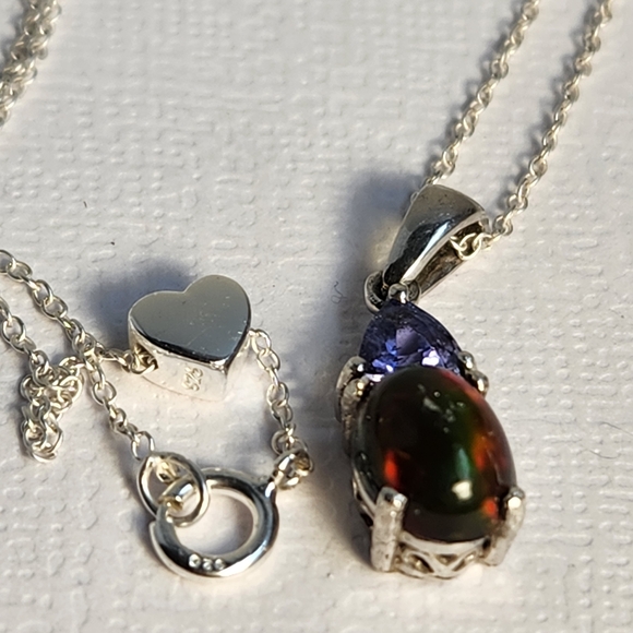 VID! 925 Natural Ethiopian Black Opal & Tanzanite Pendant Charm Necklace, Italy - Picture 12 of 14